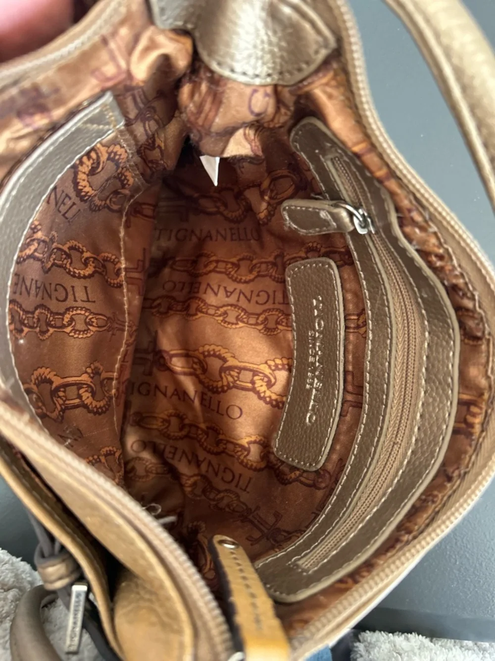 Tignanello Metallic Gold Pebbled Leather Crossbody Bag Buckle Accent Purse - Picture 5 of 11